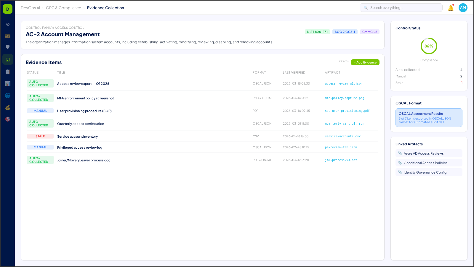 Automated evidence collection — OSCAL-native artifacts mapped to CMMC/SOC 2 controls