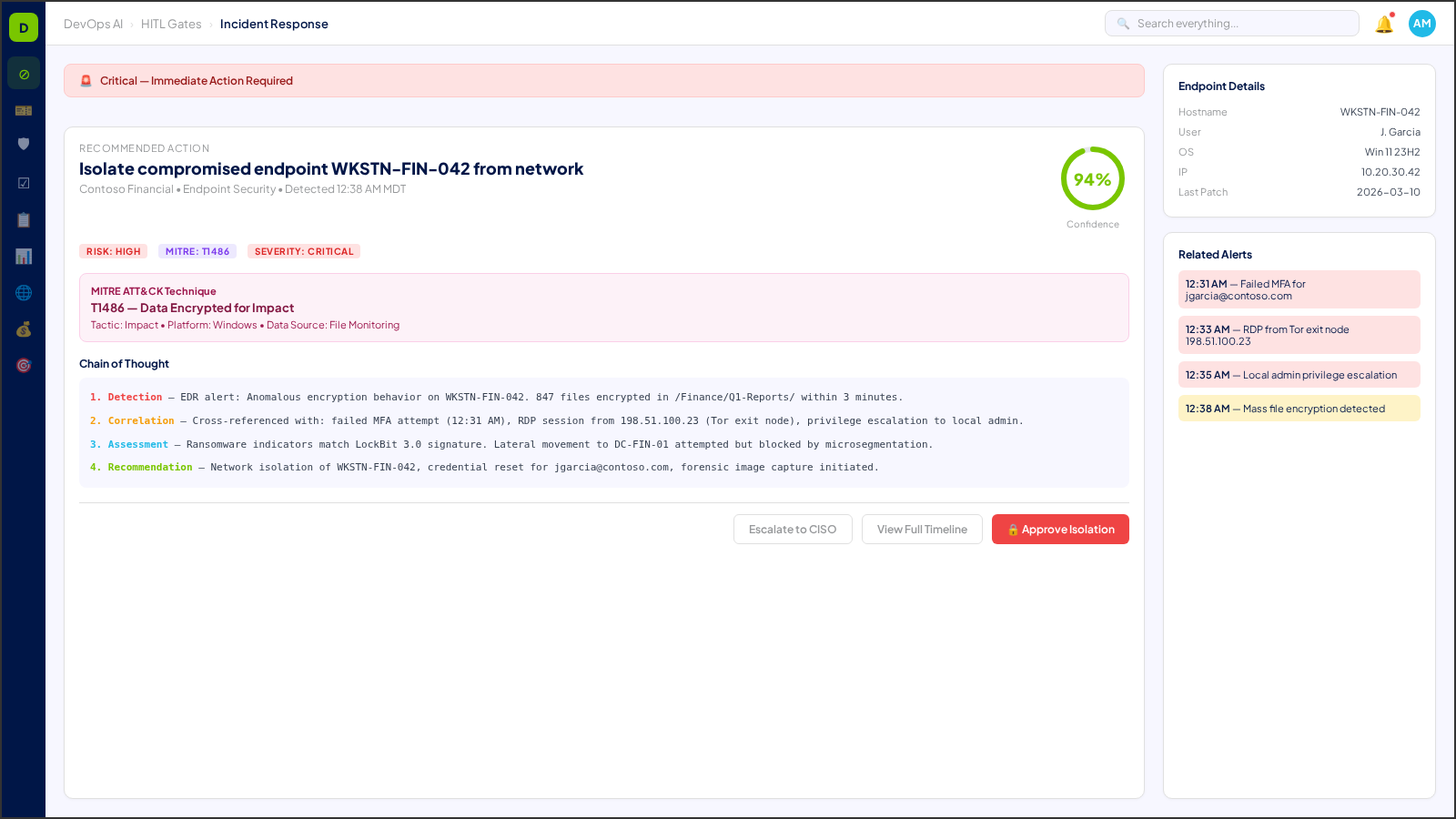 Incident response HITL gate — AI proposes containment actions, analyst approves execution