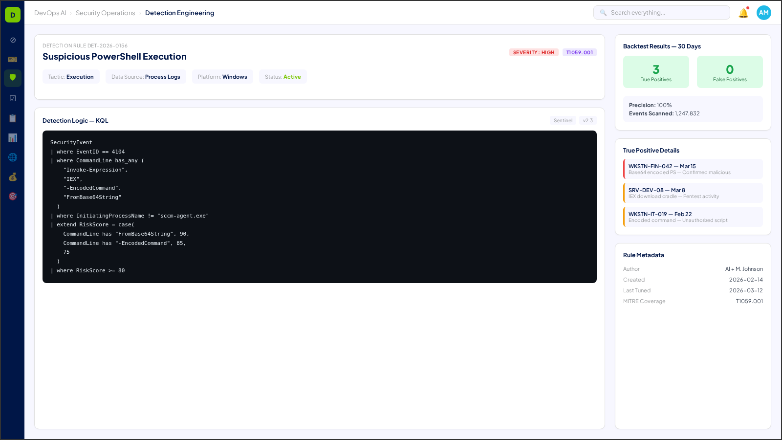 Detection Engineering workspace — rule authoring, test coverage, and deployment pipeline